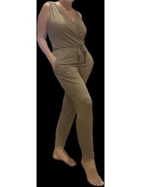 Heartloom Rivky Knit Jumpsuit Sleeveless Satin Drawstring Olive Green EUC